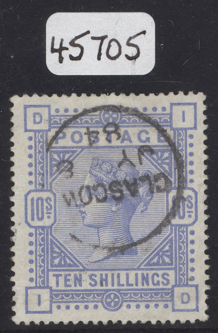 SG 182 10/- cobalt on white paper. Very fine used with a Glasgow CDS, July 8th 1884.  Excellent colour & centring. A rare shade CAT £7500. David Brandon cert