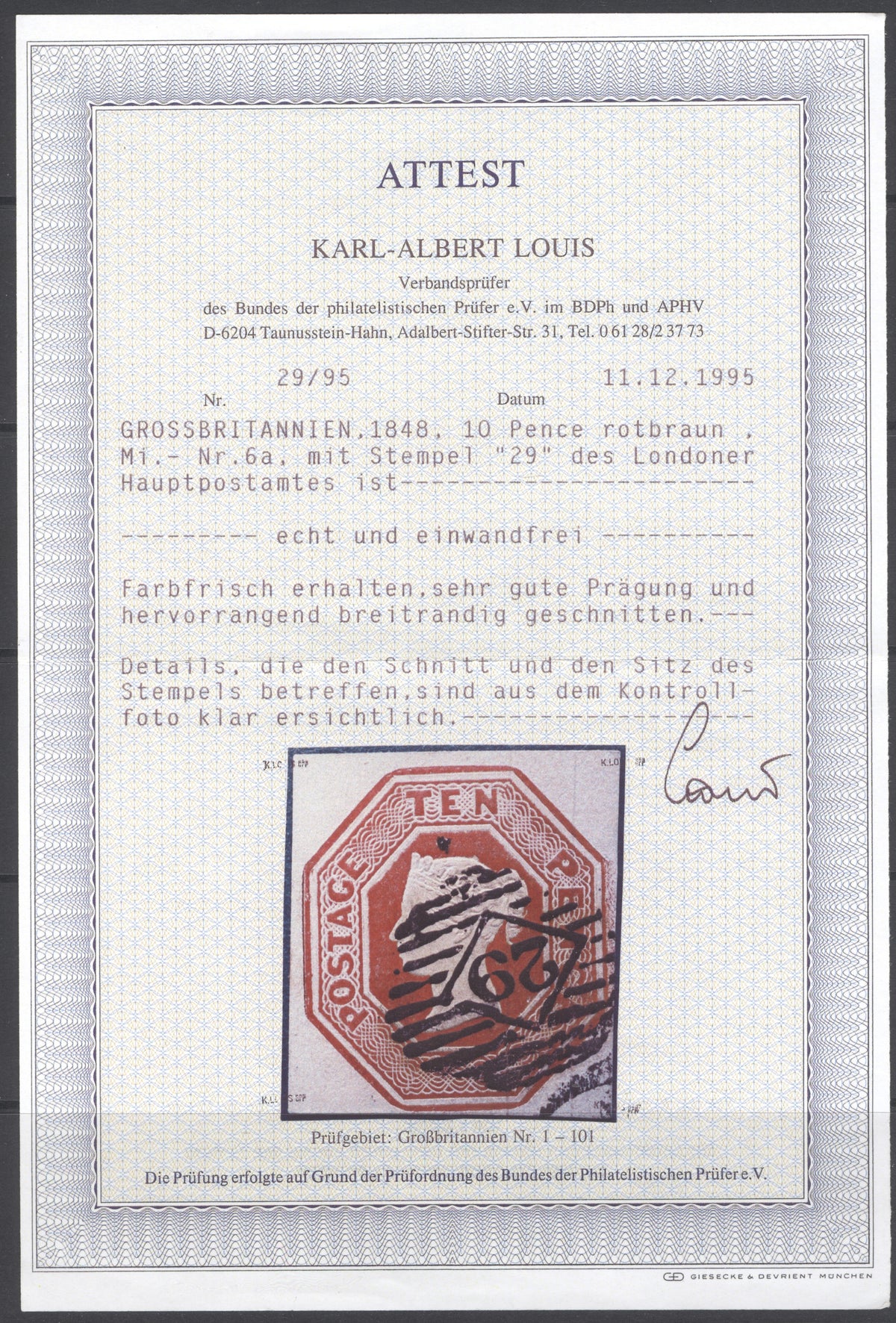SG 57 10d brown. Very fine used with London ‘29’ numeral. 4 good/large margins CAT £1200. Karl Louis cert