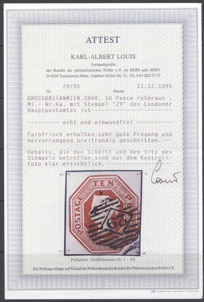 SG 57 10d brown. Very fine used with London ‘29’ numeral. 4 good/large margins CAT £1200. Karl Louis cert