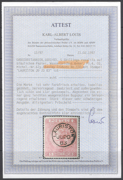 SG 130 5/- rose plate 4. Very fine used with an upright Lauriston, June 20th 1883 CDS  CAT £2500. Karl Louis cert. A lovely example