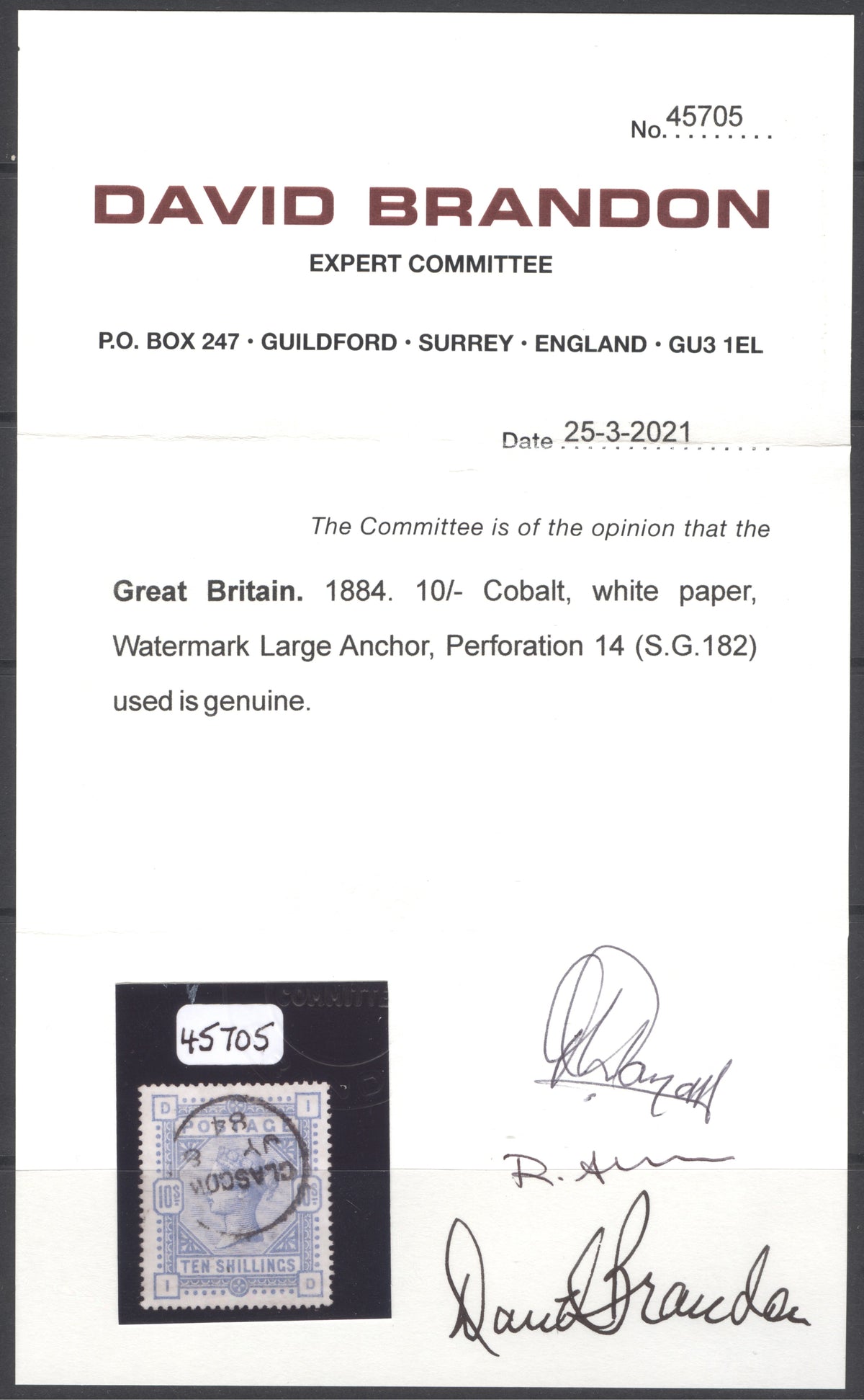 SG 182 10/- cobalt on white paper. Very fine used with a Glasgow CDS, July 8th 1884.  Excellent colour & centring. A rare shade CAT £7500. David Brandon cert