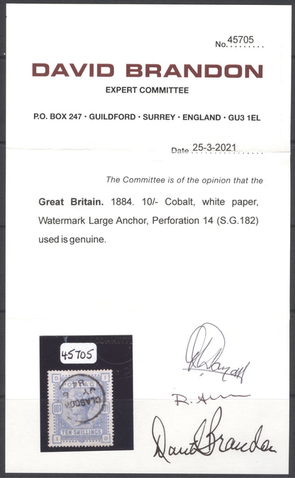 SG 182 10/- cobalt on white paper. Very fine used with a Glasgow CDS, July 8th 1884.  Excellent colour & centring. A rare shade CAT £7500. David Brandon cert
