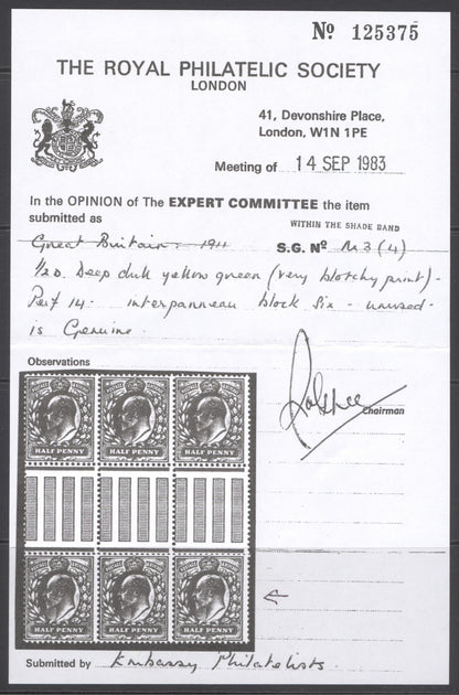 SG 269 ½d deep dull yellow (blotchy) Spec M3(4). Fine unmounted mint. RPS cert when in a block of 6