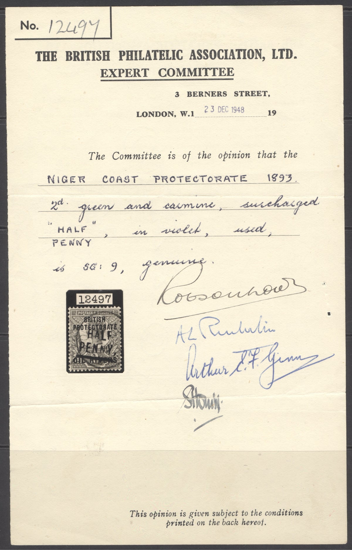 SG 9 Niger Coast protectorate 2½d green & carmine, surcharged ‘half’ in violet. Very fine used CAT £400. BPA cert.
