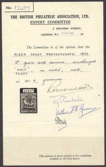 SG 9 Niger Coast protectorate 2½d green & carmine, surcharged ‘half’ in violet. Very fine used CAT £400. BPA cert.