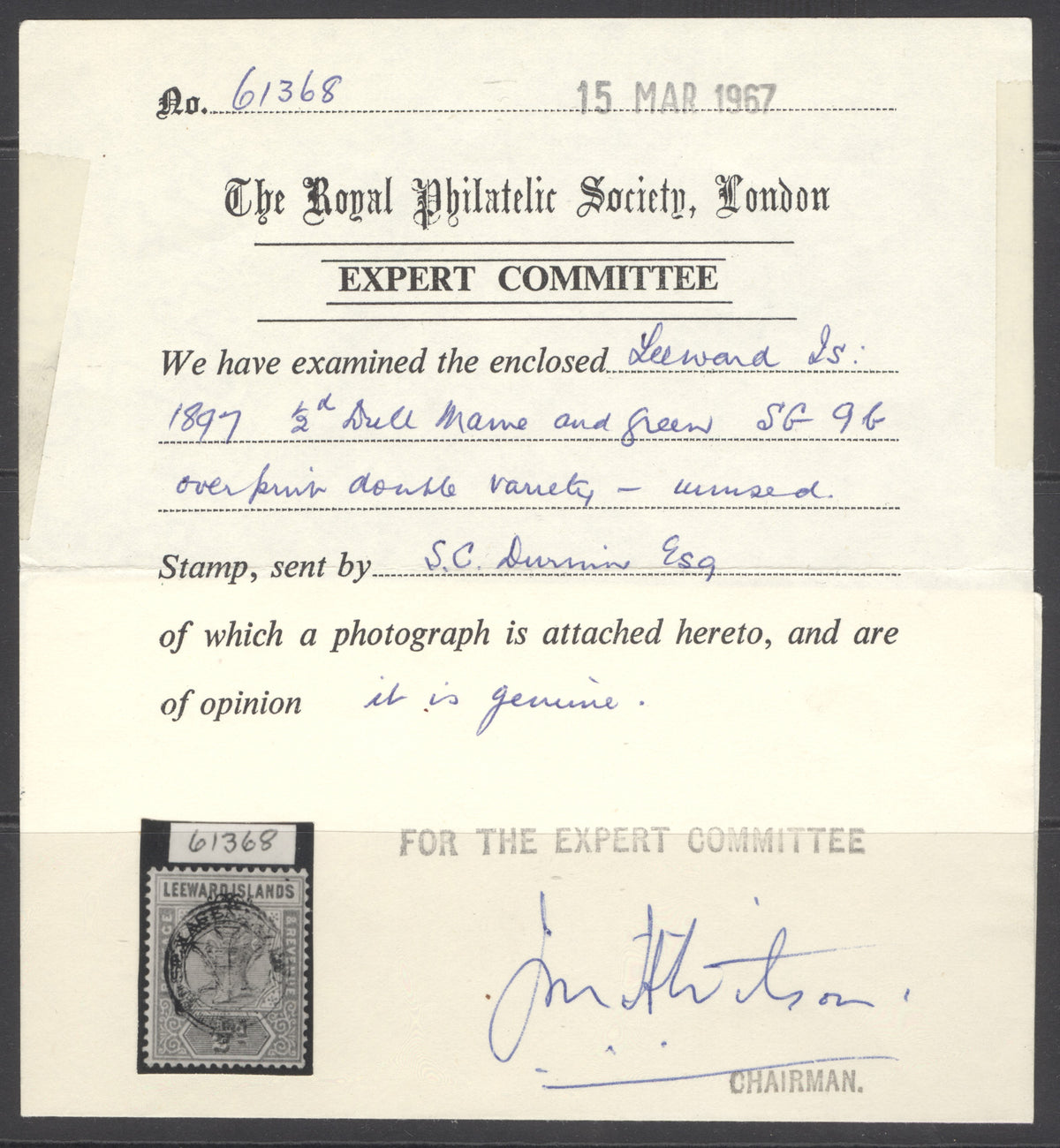 SG 9b Leeward Islands 1897. ½d dull mauve with variety overprint double. Lightly mounted mint CAT £1400. RPS cert.