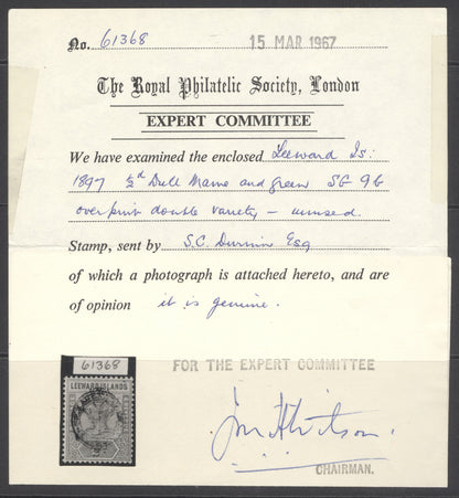 SG 9b Leeward Islands 1897. ½d dull mauve with variety overprint double. Lightly mounted mint CAT £1400. RPS cert.