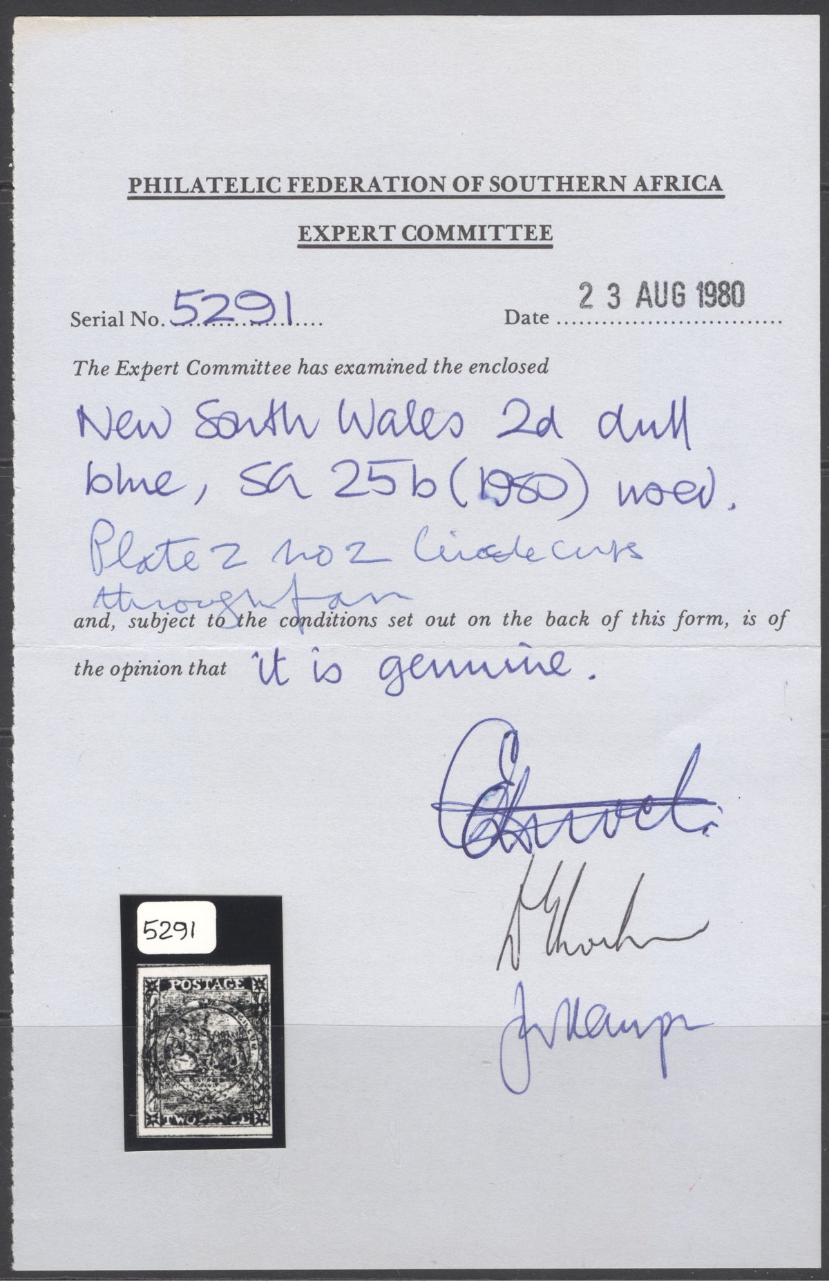 SG 25b New South Wales 1850. 2d dull blue. Good used. 4 good to large margins. Philatelic South Africa expert committee cert