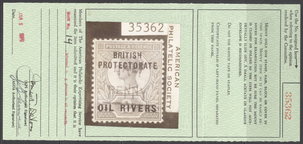 SG 29 Niger Coast protectorate: Oil rivers provisionals type 9. Half/penny in violet on 2d grey-green & carmine....
