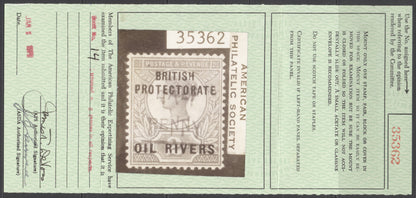 SG 29 Niger Coast protectorate: Oil rivers provisionals type 9. Half/penny in violet on 2d grey-green & carmine....