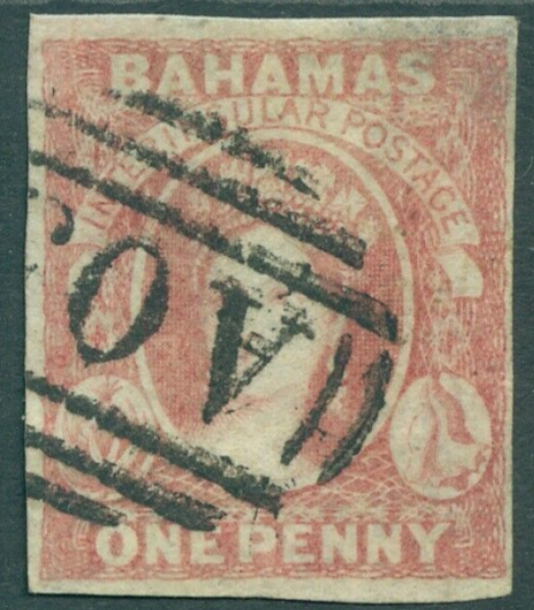 SG 1 Bahamas 1859. 1d reddish-lake. No watermark on thick opaque paper. Very fine used. 4 margins. Scarce CAT £1500