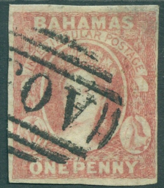 SG 1 Bahamas 1859. 1d reddish-lake. No watermark on thick opaque paper. Very fine used. 4 margins. Scarce CAT £1500