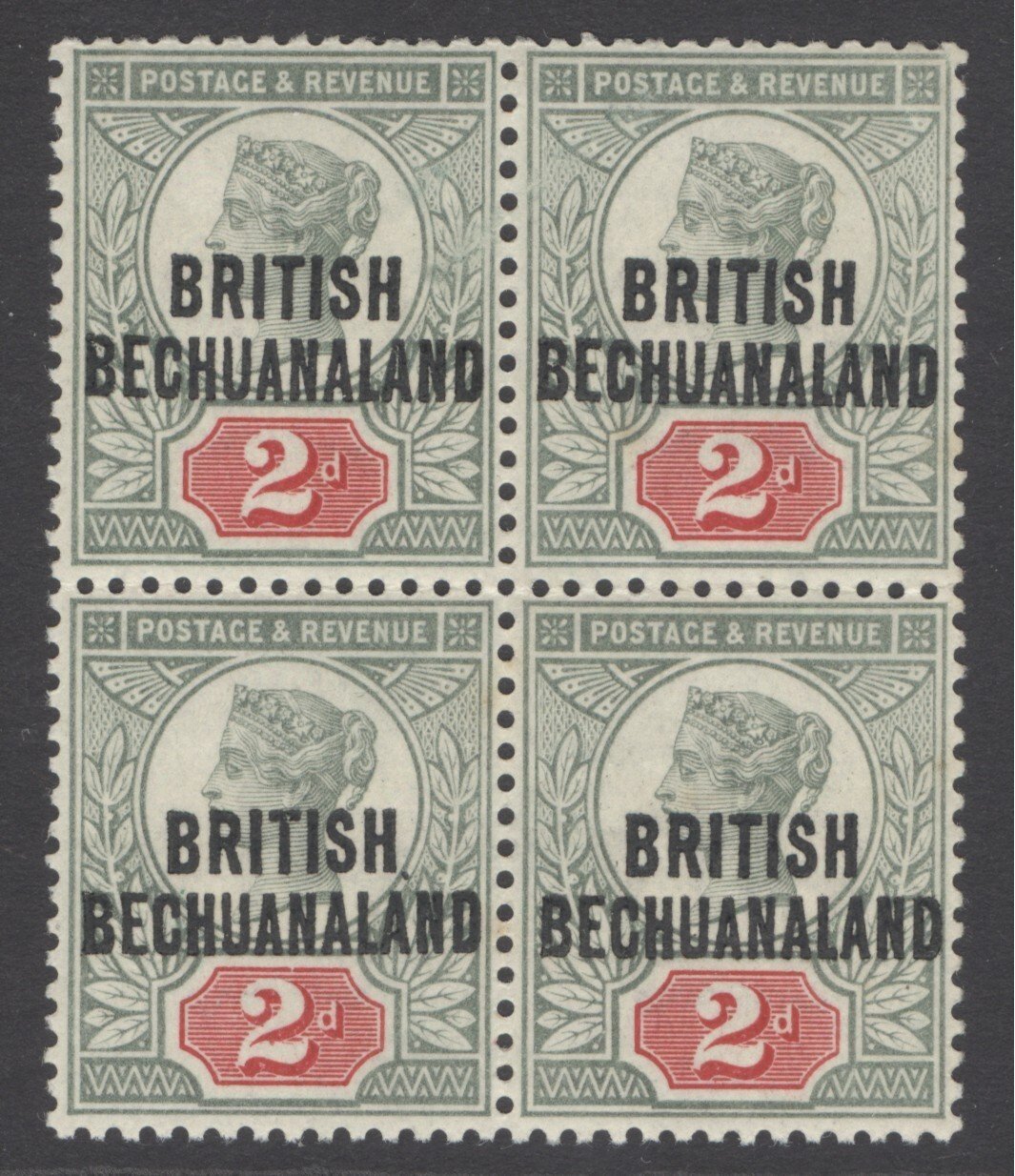 SG 34 British Bechuanaland 1891. 2d grey-green & carmine. Fine unmounted mint block of 4 CAT £80