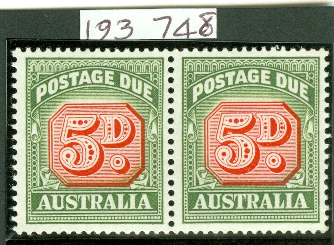 SG D136a Australia 1958-60 5d carmine & deep green. Variety die 11 pair. Fine unmounted mint CAT £120. RPS cert
