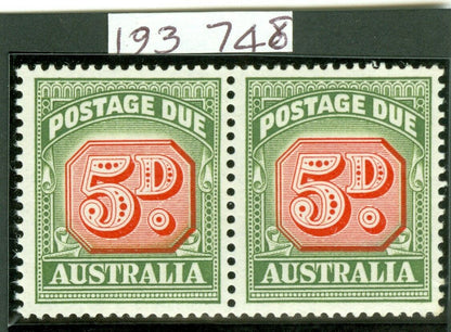 SG D136a Australia 1958-60 5d carmine & deep green. Variety die 11 pair. Fine unmounted mint CAT £120. RPS cert