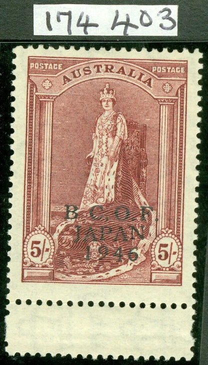 SG J7a British commonwealth occupation force. 1946-48 5/- claret on thin rough paper. Pristine unmounted mint CAT £190. RPS cert