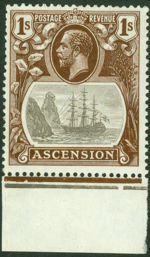 SG 18c Ascension 1/- grey, black & brown, lower marginal example, variety 'cleft rock' CAT £375