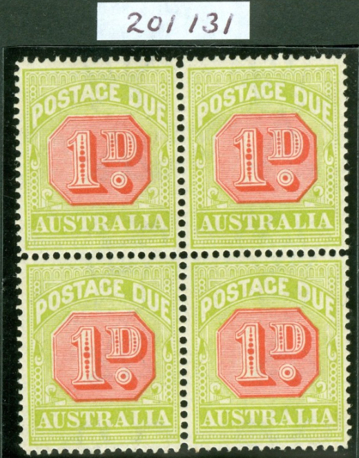 SG D80a Australia 1912-23 1d scarlet & pale yellow green block of 4. Pristine mint.