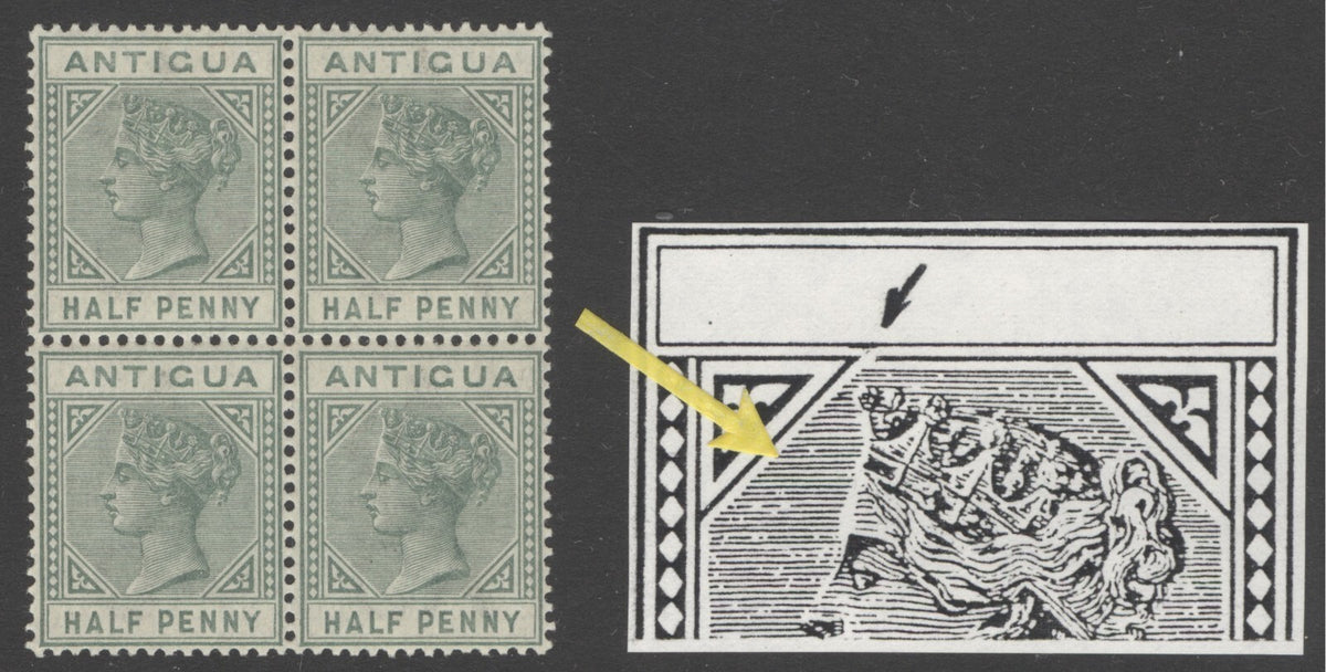 SG 21a Antigua 1882. ½d dull green block of 4, top left stamp with variety, top left triangle detached. Very lightly mounted mint CAT £350