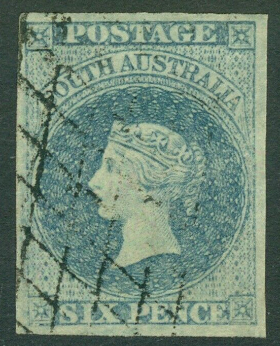 SG 10 South Australia 1856-58. 6d slate blue. Fine used. 4 fine margins CAT £200