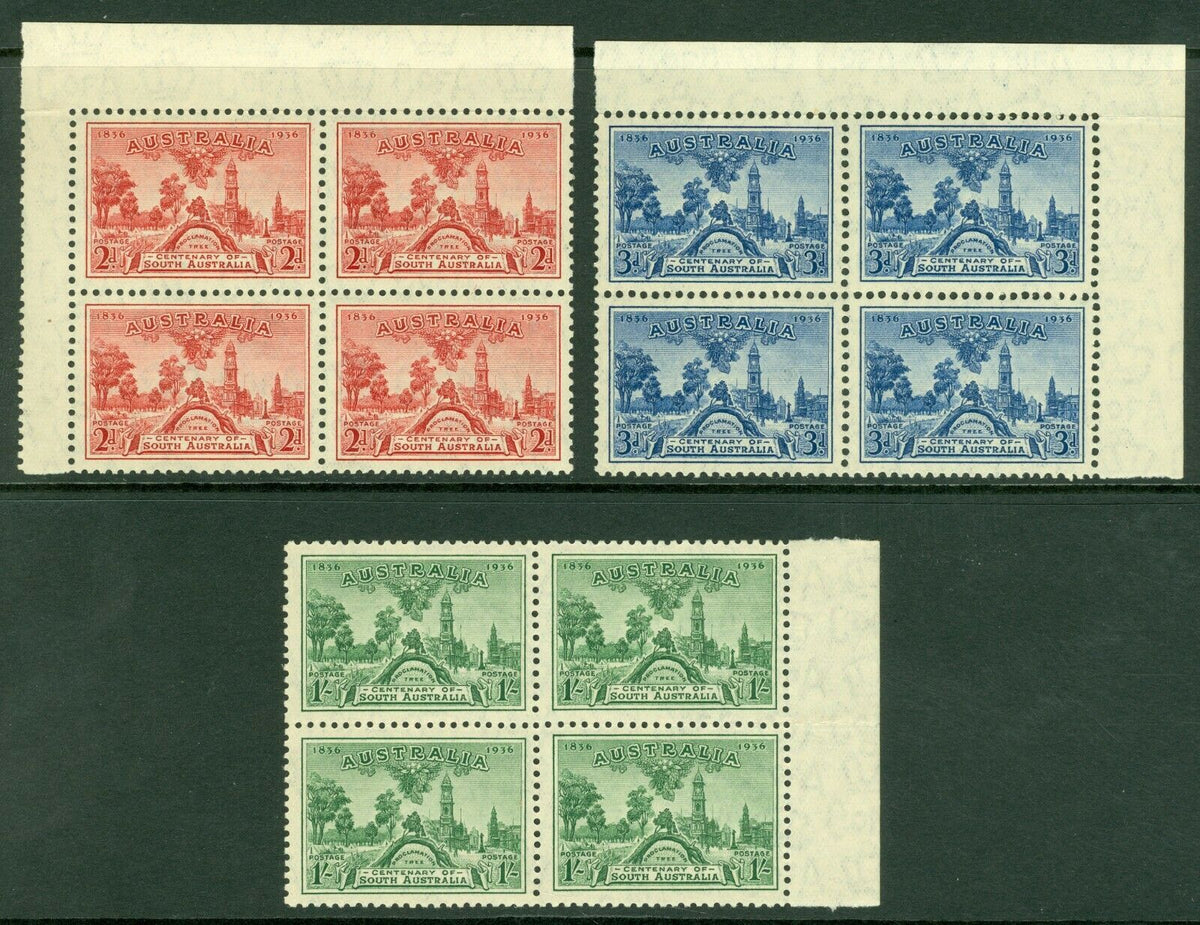 SG 161-163 Australia 1936. 2d, 3d & 1/- in pristine unmounted mint marginal blocks of 4 CAT £140
