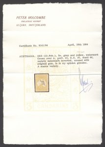 SG 30wa Australia 1915. 5/- grey & yellow, variety inverted watermark. Very lightly mounted mint. Well centred, good colours. Very scarce CAT £1400. Peter Holcombe cert