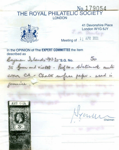 SG 50 Cayman Islands 1912-20. 3/- green & violet. Very fine used CAT £75. RPS cert