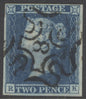 SG 14f 1841 2d blue plate 3 lettered RK. Very fine used with a number ‘8’ in Maltese cross. 4 margins