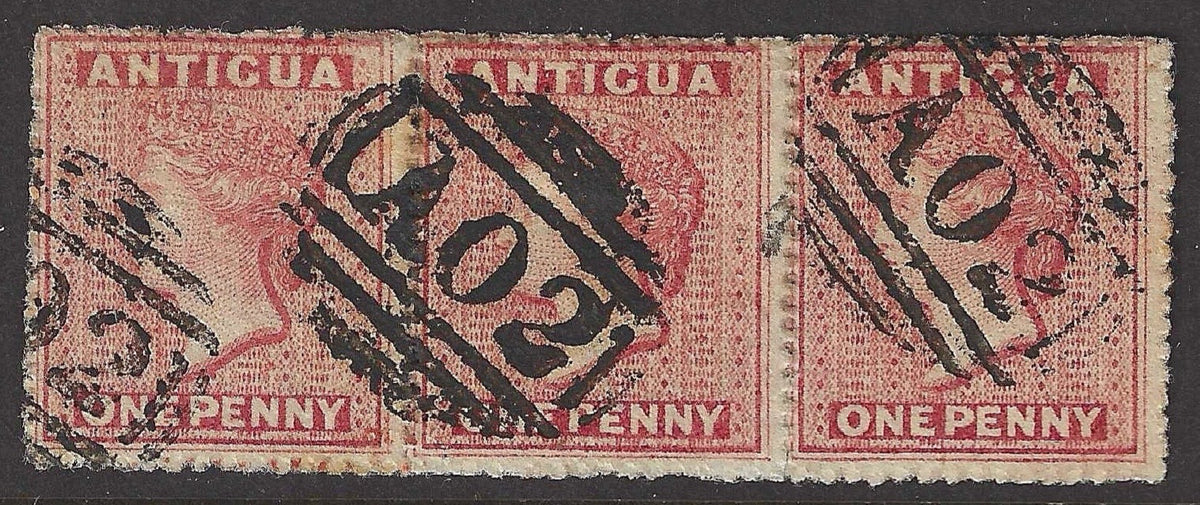 SG 6 Antigua 1863-67. 1d Dull rose. Very fine used strip of 4 with 'A02' St Johns Obliterators. CAT £155