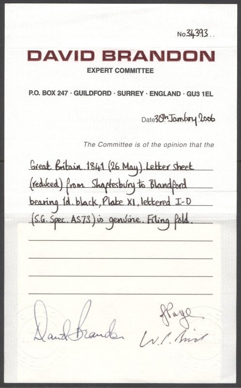 SG 3 1d grey-black plate eleven lettered ID. Used on cover from Shaftsbury to Blandford. 4 margins CAT £16,000. David Brandon cert
