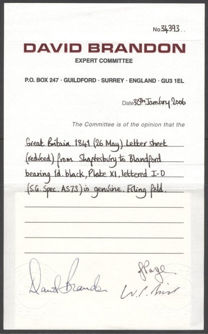 SG 3 1d grey-black plate eleven lettered ID. Used on cover from Shaftsbury to Blandford. 4 margins CAT £16,000. David Brandon cert
