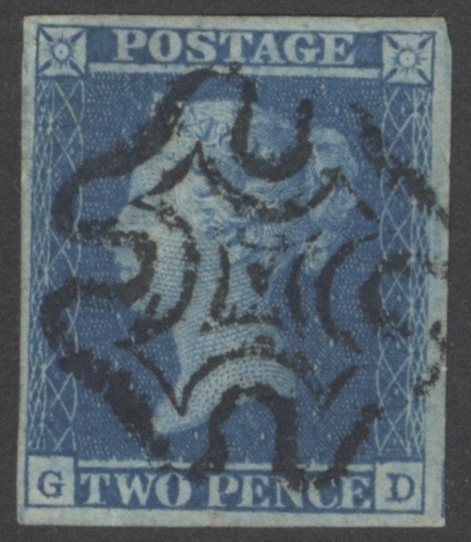 SG 14 1841 2d blue plate 3 lettered GD. Very fine used with a Maltese cross cancel with dot in centre. 4 fine margins