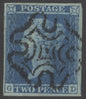 SG 14 1841 2d blue plate 3 lettered GD. Very fine used with a Maltese cross cancel with dot in centre. 4 fine margins