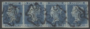 SG 14 1841 2d blue plate 3 strip of 4 lettered TE-TH. Fine used with Maltese cross cancels. Full margins