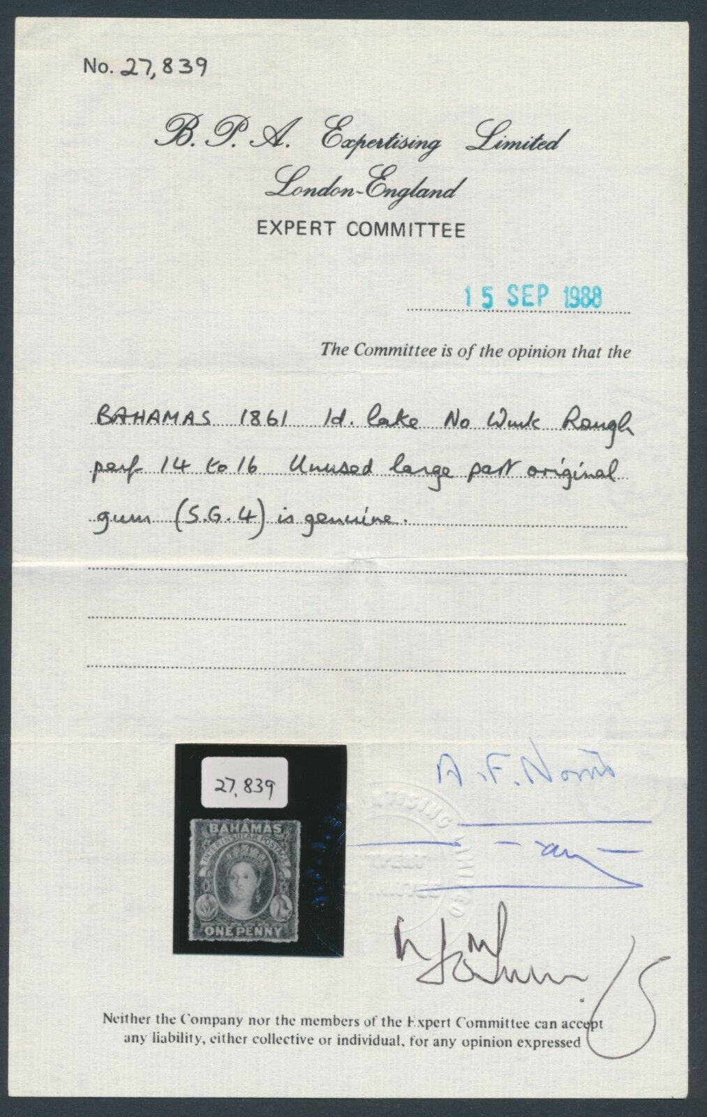SG 4 Bahamas 1861. 1d lake, no watermark, rough perf 14-16. Lightly mounted mint CAT £650. BPA cert