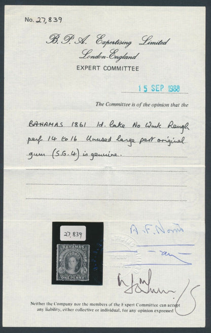SG 4 Bahamas 1861. 1d lake, no watermark, rough perf 14-16. Lightly mounted mint CAT £650. BPA cert