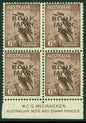 SG J4 B.C.O.F. 1946-47. 6d purple-brown marginal block of 4. Fine mint, lower stamps being unmounted CAT £76
