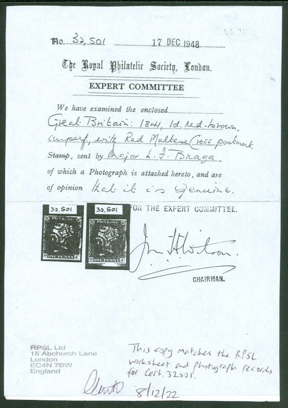 SG 8 1d red-brown lettered OJ. Very fine used with a full almost upright red Maltese cross. Photocopy of RPS cert