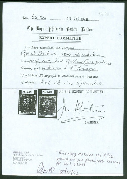 SG 8 1d red-brown lettered OJ. Very fine used with a full almost upright red Maltese cross. Photocopy of RPS cert