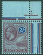SG 77 Antigua 1921-24. 2/- purple & blue/blue. Unmounted mint corner marginal example (hinged in margin)
