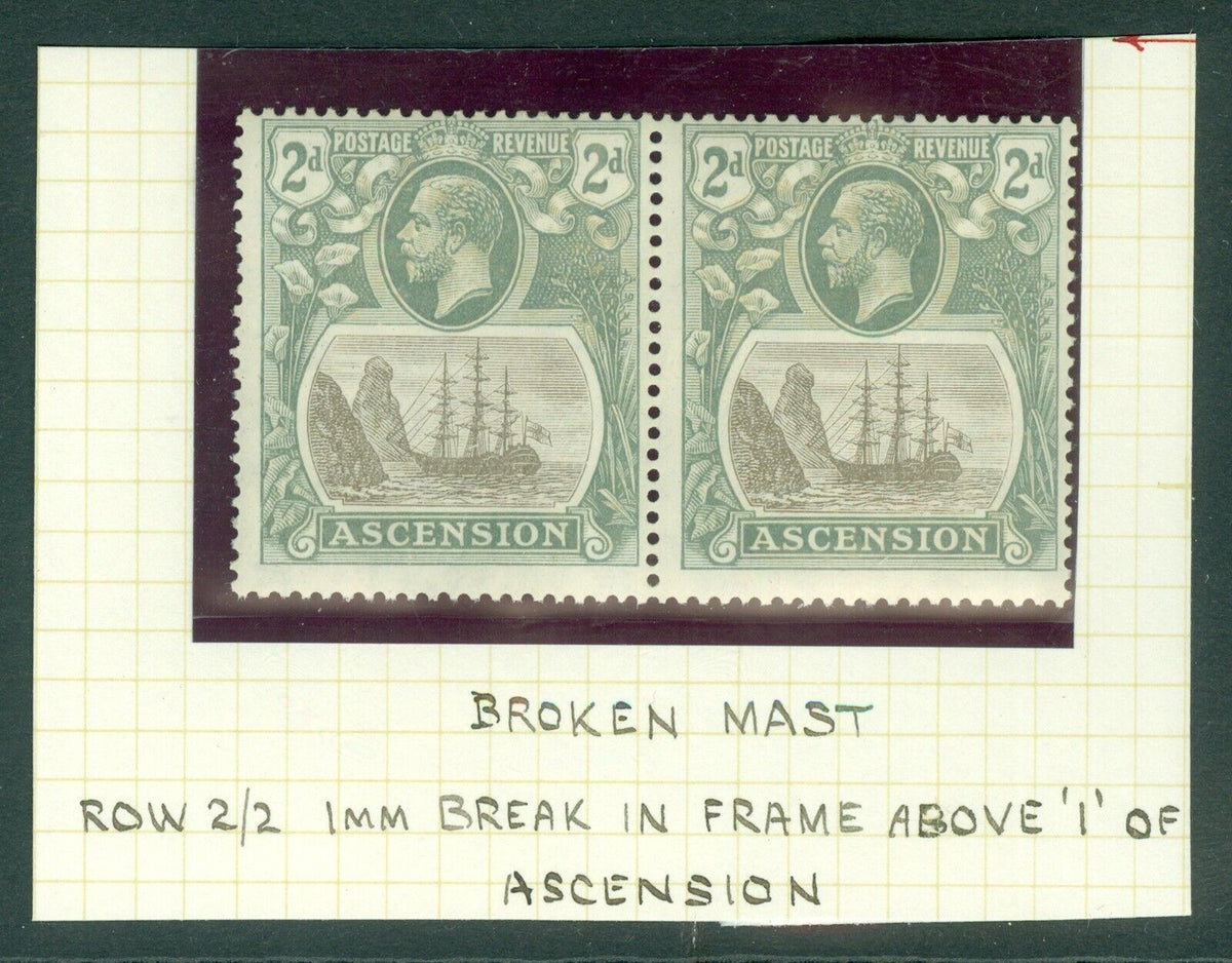 SG 13a Ascension 1924-33. 2d grey-black & grey pair. Top left stamp with variety broken mainmast. Lightly mounted mint CAT £275