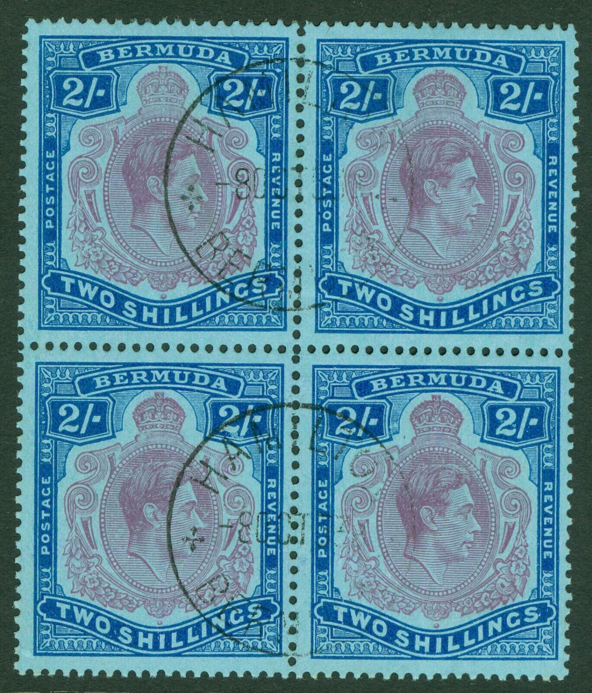 SG 116e Bermuda 2/- perf 13, reddish purple & blue/pale blue. Very fine used block of 4cancelled with Bermuda, Hamilton CDS's CAT £168