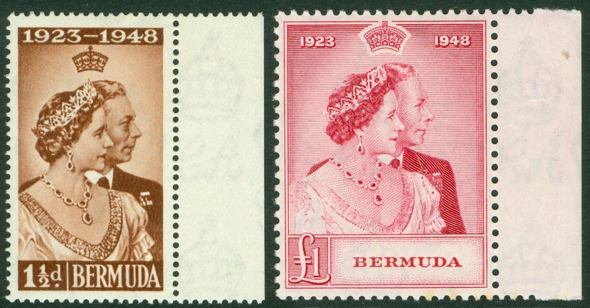 SG 125-126 Bermuda 1948. 1½d red-brown & £1 carmine. Lightly mounted mint CAT £105