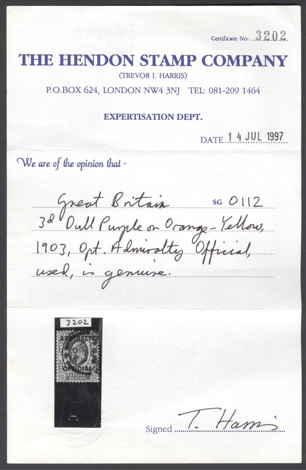 SG O112. 1903. 3d purple/yellow Admiralty official. Very fine used. Hendon cert CAT £500