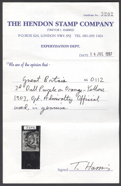 SG O112. 1903. 3d purple/yellow Admiralty official. Very fine used. Hendon cert CAT £500