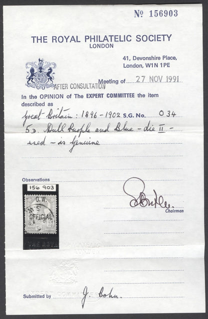 SG O34. 1896-1902. 5d dull purple & blue. Very fine used CDS example. RPS cert