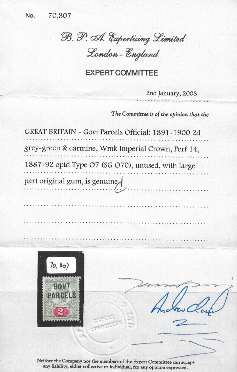 SG O70 2d green & carmine GOVT parcels. Very lightly mounted mint CAT £150. BPA cert