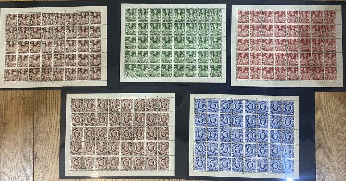 George VI 1939-48. High values in full complete sheets. SG 476, 476b, 477, 478b & 478c. Fine unmounted mint CAT £8200