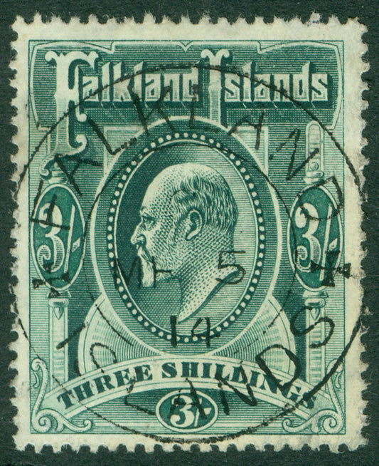 SG 49 Falklands 1904. 3/- green. Superb used with an upright Falklands Islands CDS, May 5th 1914 CAT £180