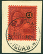 SG 61 Antigua 1921-29. £1 purple & black on red. Very fine used tied to piece by St Johns CDS CAT £400
